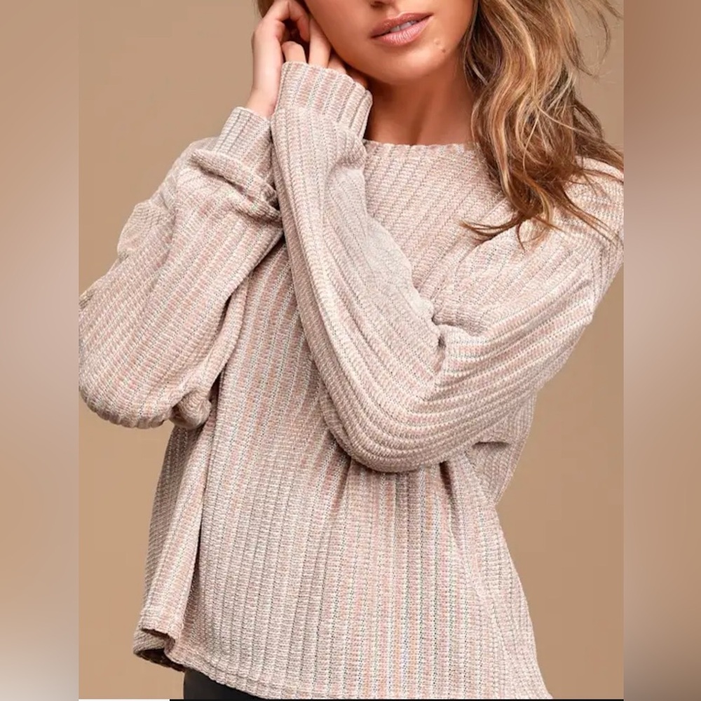 Lulu’s Taupe Chenille Striped Sweater Top